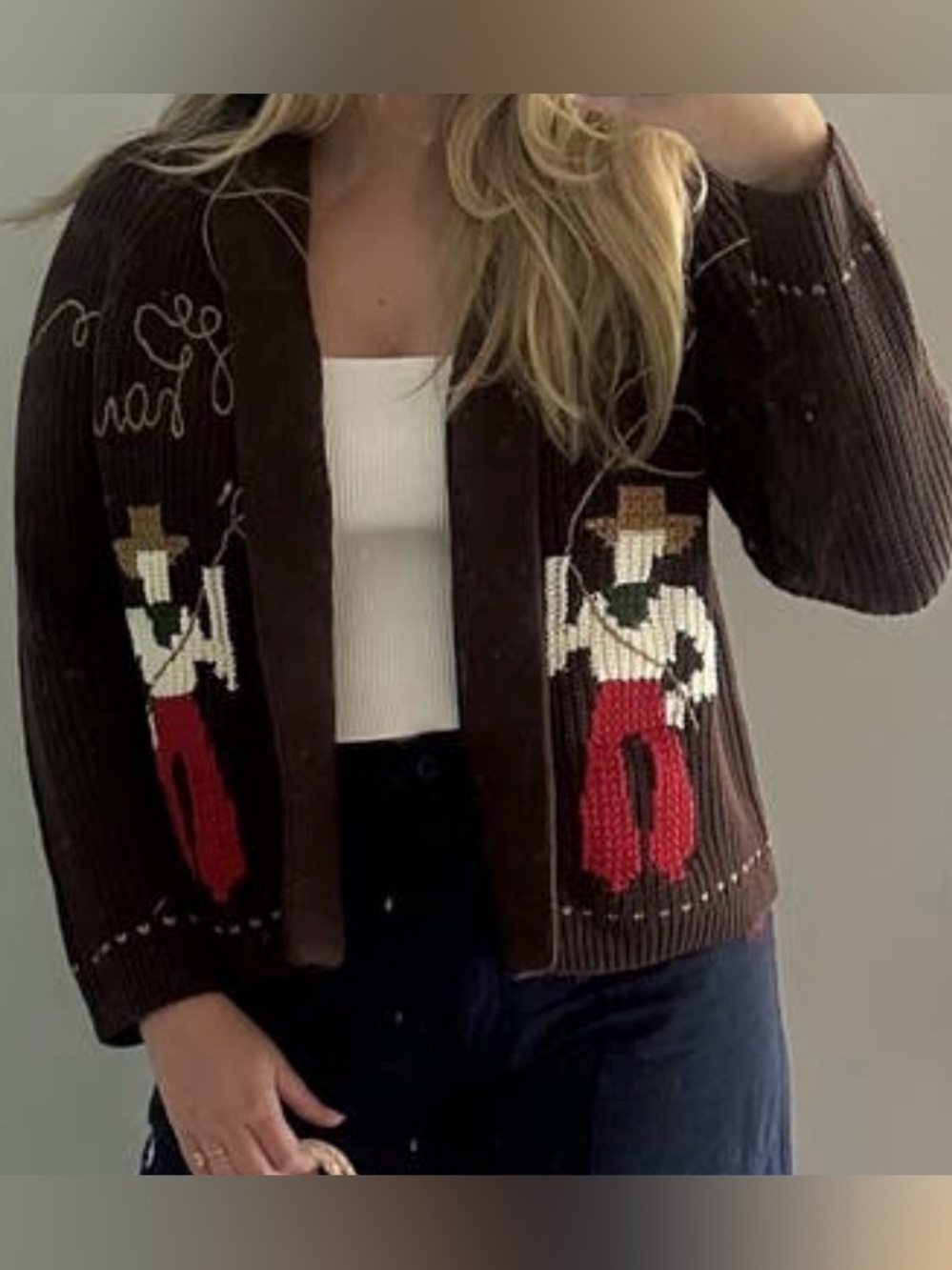 THE GREAT. chocolate Brown Knit Cardigan with Rodeo Intarsia lasso lodge sweater - Picture 9 of 9
